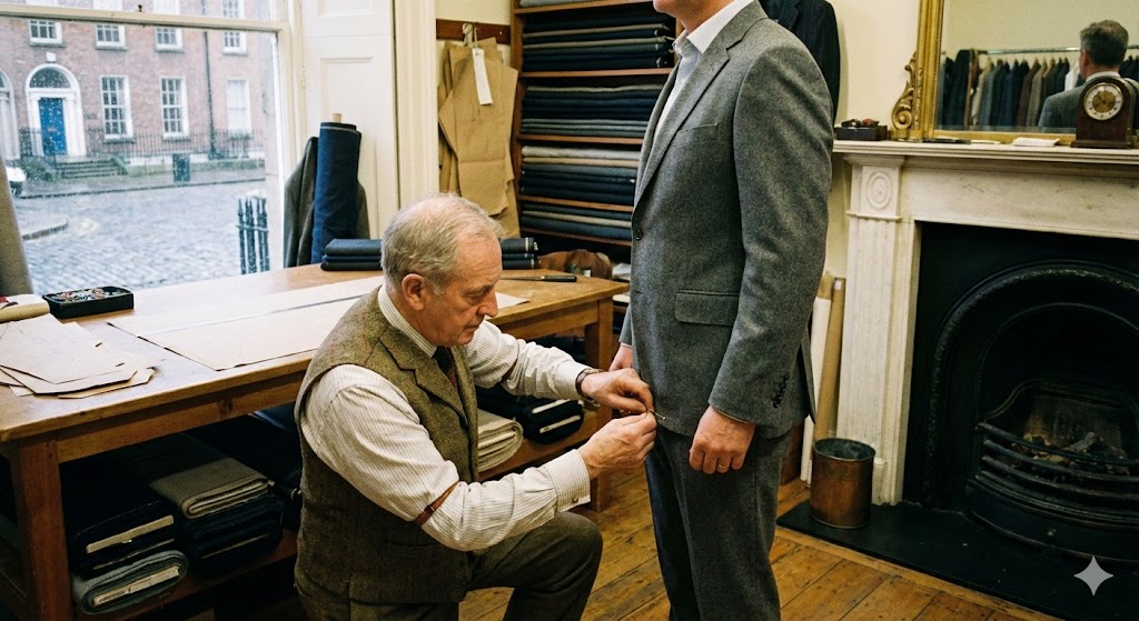 Tailor adjusting a suit jacket in a London atelier